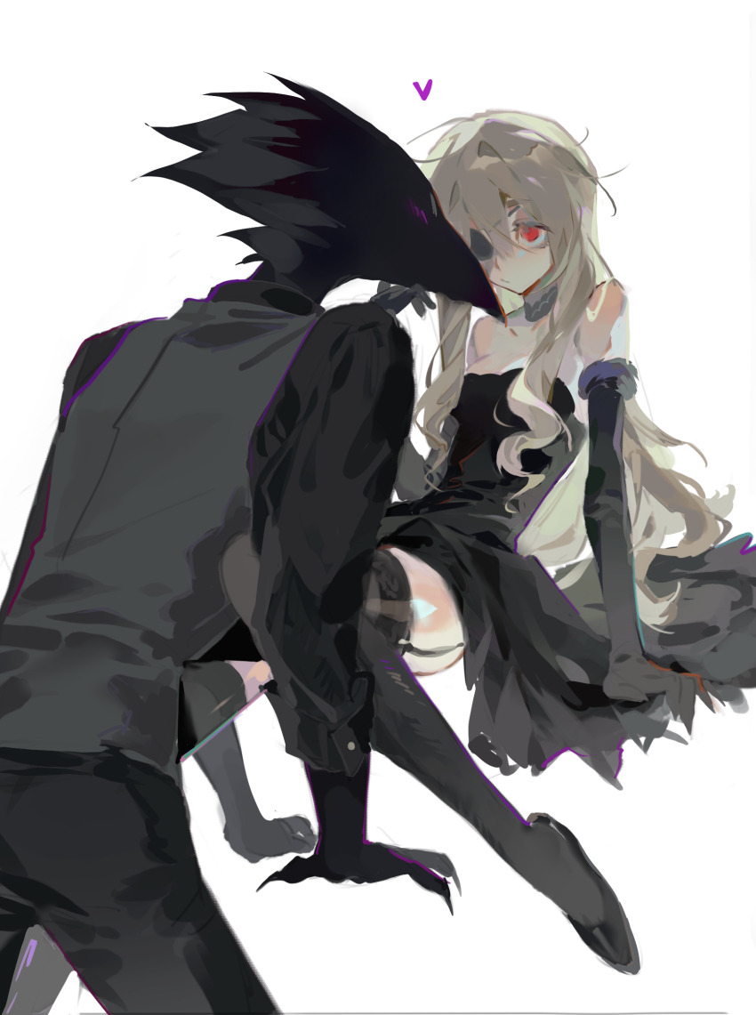 1boy 1girl arm_support bare_shoulders beak bird bird_boy black_choker black_dress black_footwear black_gloves black_pants black_shirt black_skin black_thighhighs black_vest breasts brown_hair caron_(higyaku_no_noel) chinese_commentary choker cleavage closed_mouth colored_skin commentary_request crow dress elbow_gloves eye_contact eyepatch furry garter_straps gloves hand_on_another&#039;s_chin hand_up heart hetero high_heels highres higyaku_no_noel invisible_chair knee_up leaning_forward long_hair long_sleeves looking_at_another medium_breasts mr.cockroach noel_cerquetti pants red_eyes shirt simple_background sitting strapless strapless_dress thighhighs vest white_background