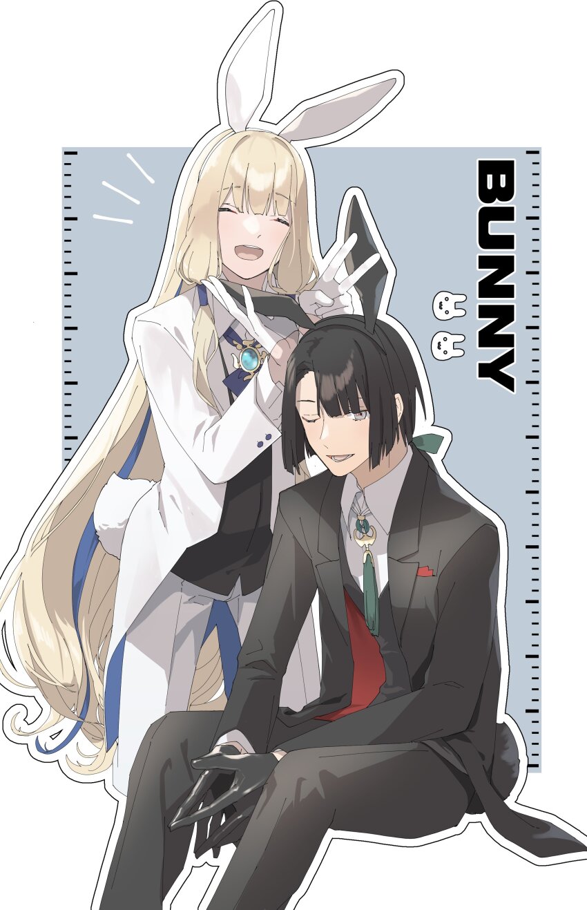 2boys :d ^_^ absurdres alternate_costume animal_ears black_gloves black_hair black_jacket black_suit black_vest blonde_hair blue_background blue_hair blue_jacket blunt_bangs blunt_ends bow brooch chikuwa_(cccccchhhhhhii) closed_eyes coattails collared_shirt cropped_legs fake_animal_ears fake_tail fate/grand_order fate/grand_order_arcade fate_(series) formal_clothes gloves green_bow grey_eyes hair_bow handkerchief highres invisible_chair jacket jewelry long_hair long_sleeves looking_at_viewer low_ponytail male_focus multicolored_hair multiple_boys noah_(fate) notice_lines one_eye_closed open_clothes open_mouth pants ponytail rabbit rabbit_ears rabbit_tail red_jacket ruler shirt simple_background sitting smile steepled_fingers streaked_hair suit taigong_wang_(fate) tail tassel two-sided_fabric two-sided_jacket two-tone_hair v very_long_hair vest white_jacket white_pants white_shirt