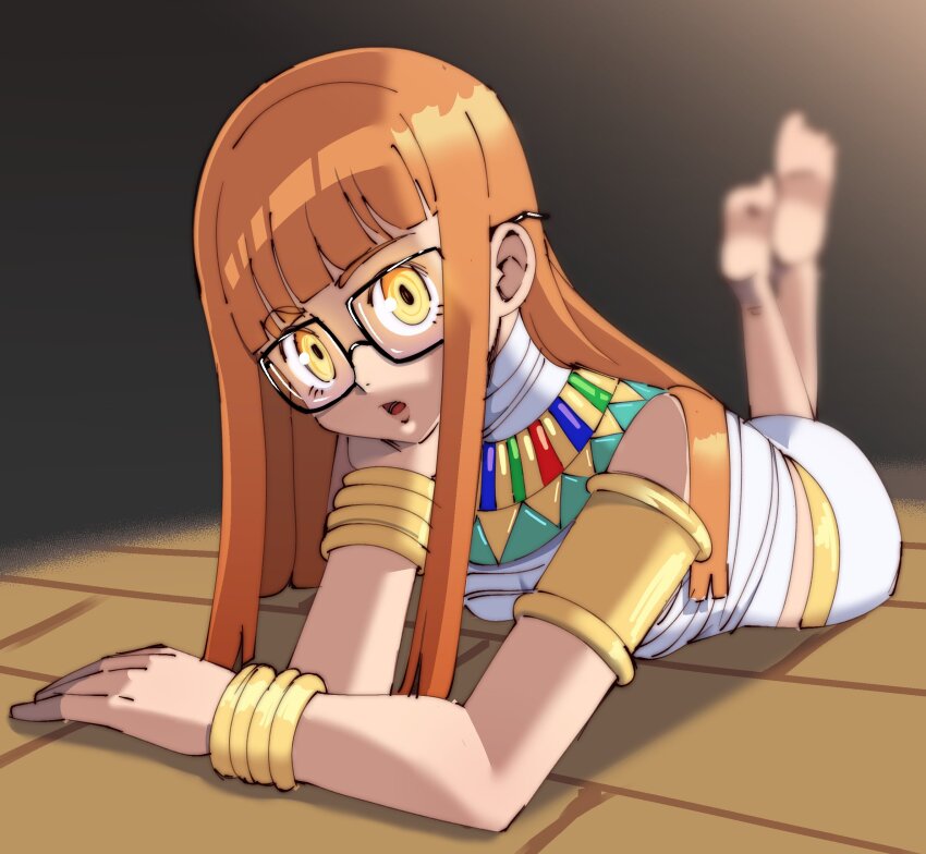 1girl ancient_egyptian_clothes arm_support armlet barefoot blurry blurry_background bracelet depth_of_field full_body gjh glasses highres jewelry long_hair looking_at_viewer lying on_stomach orange_hair persona persona_5 sakura_futaba shadow_futaba soles solo the_pose usekh_collar yellow_eyes