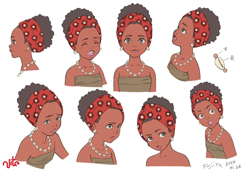 2024 6+girls african_clothes artist_name black_hair blush character_sheet closed_mouth collarbone commentary company_name concept_art dark-skinned_female dark_skin dated dress earrings english_commentary english_text facing_to_the_side facing_viewer forehead from_side fujita_shigeru green_eyes happy jewelry kinky_hair looking_at_viewer looking_to_the_side looking_up mfinda mixed-language_commentary multiple_expressions multiple_girls nasambi necklace official_art open_mouth parted_lips production_art profile red_hair second-party_source shell shell_earrings shell_necklace straight-on strapless strapless_dress surprised upper_body white_background