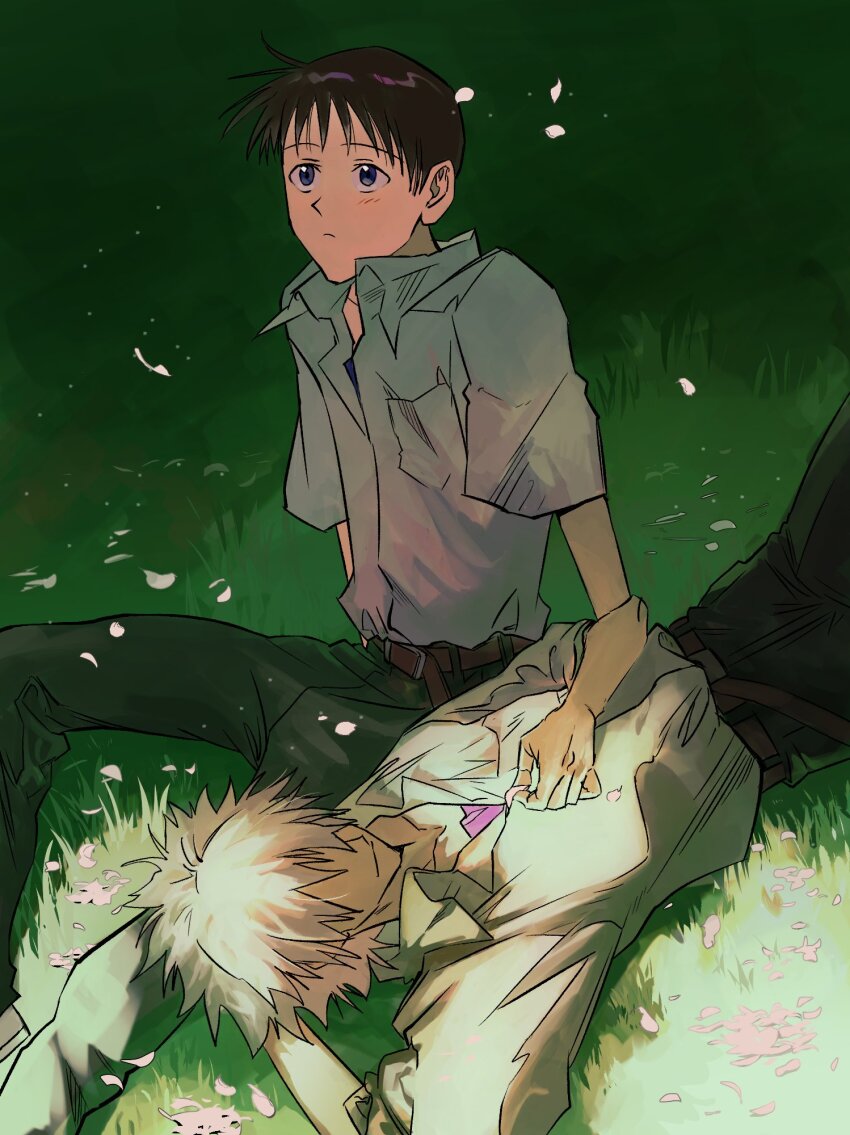 2boys arm_behind_back arm_up black_pants blue_eyes breast_pocket brown_hair closed_mouth collared_shirt commentary_request covered_eyes falling_petals grass hair_over_eyes hand_on_another&#039;s_chest highres ikari_shinji knee_up looking_up lying male_focus multiple_boys nagisa_kaworu neon_genesis_evangelion on_back open_collar pants petals pocket shirt shirt_tucked_in short_hair short_sleeves sitting southeast111 white_hair white_shirt