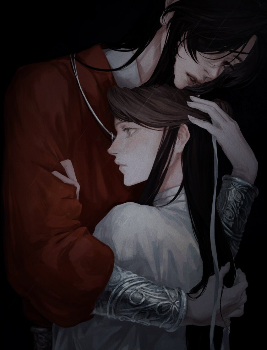 2boys bandaged_neck bandages bishounen black_background black_hair bracelet braid brown_hair chin_rest chinese_clothes closed_mouth couple darkness expressionless eyelashes eyepatch fingernails from_side hair_behind_ear hair_bun hair_over_one_eye half-closed_eyes hand_on_another&#039;s_arm hand_on_another&#039;s_back hand_on_another&#039;s_head hanfu head_on_head head_rest head_tilt height_difference highres hua_cheng hug jewelry long_hair long_sidelocks long_sleeves male_focus mandarin_collar multiple_boys mutual_hug parted_bangs parted_lips profile puffy_long_sleeves puffy_sleeves red_eyes red_hanfu side_braid sidelocks silver_bracelet simple_background single_braid single_hair_bun swept_bangs tareme three_quarter_profile tianguan_cifu u_nown upper_body very_long_hair white_hanfu xie_lian yaoi yellow_eyes