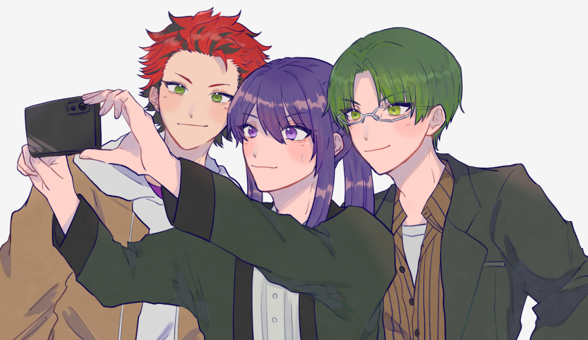 3boys adam&#039;s_apple bishounen black_hair blush brown_shirt buttons casual cha_ocha closed_mouth collared_shirt drawstring ensemble_stars! glasses green_eyes green_hair green_jacket grey-framed_eyewear hair_between_eyes hasumi_keito heads_together highres holding holding_phone hood hoodie jacket jacket_over_hoodie kanzaki_souma kiryu_kuro layered_clothes long_hair long_sleeves looking_at_object male_focus multicolored_hair multiple_boys outstretched_arms phone ponytail purple_eyes purple_hair red_hair selfie shirt short_hair sidelocks smile spiked_hair sweat upper_body v-shaped_eyebrows wavy_mouth white_background white_hoodie white_shirt