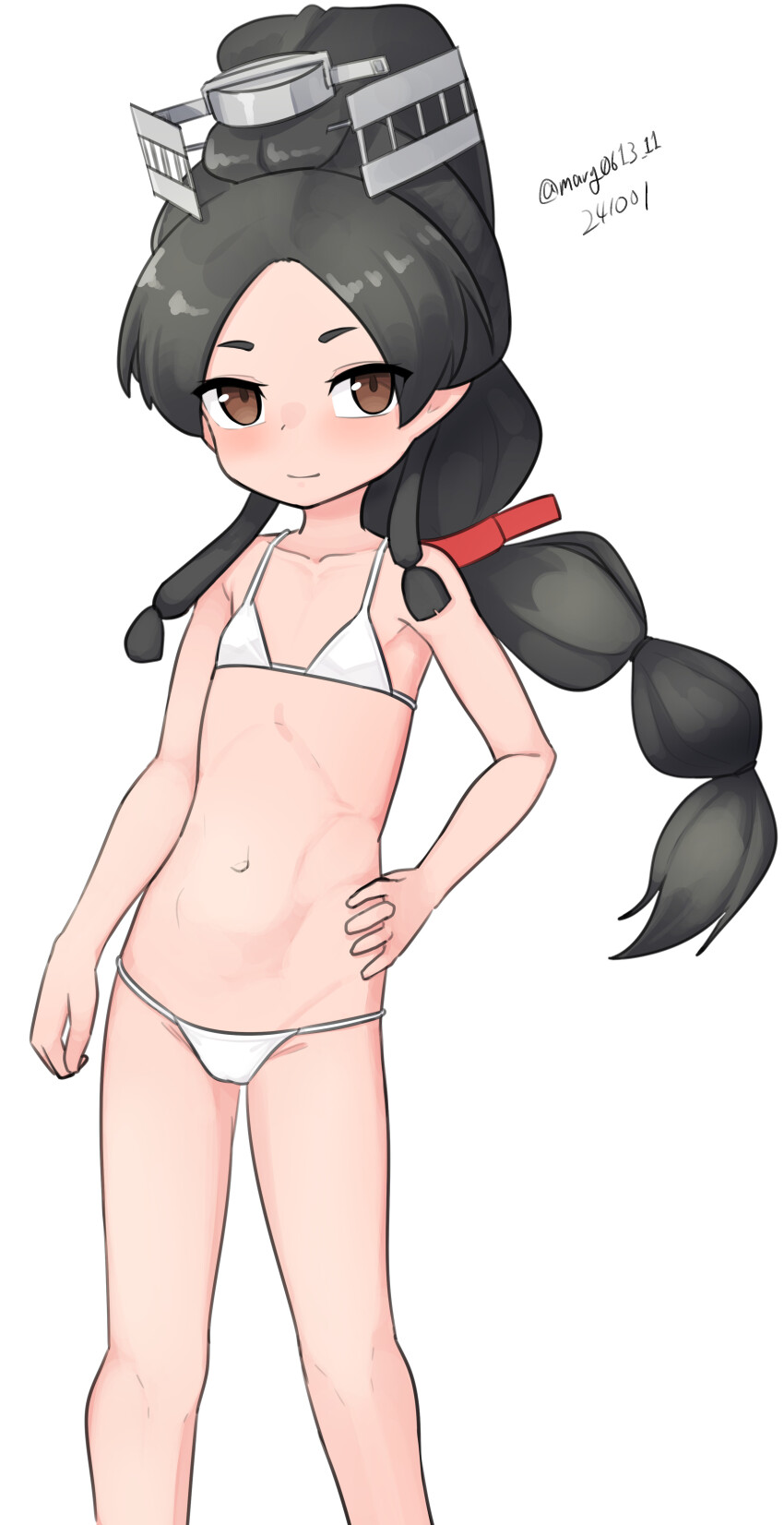 1girl absurdres bikini black_hair brown_eyes feet_out_of_frame flat_chest hair_tie hand_on_own_hip headgear high_ponytail highres kantai_collection long_hair looking_at_viewer lowleg lowleg_bikini maru_(marg0613) multi-tied_hair navel nisshin_(kancolle) one-hour_drawing_challenge simple_background solo swimsuit white_background white_bikini