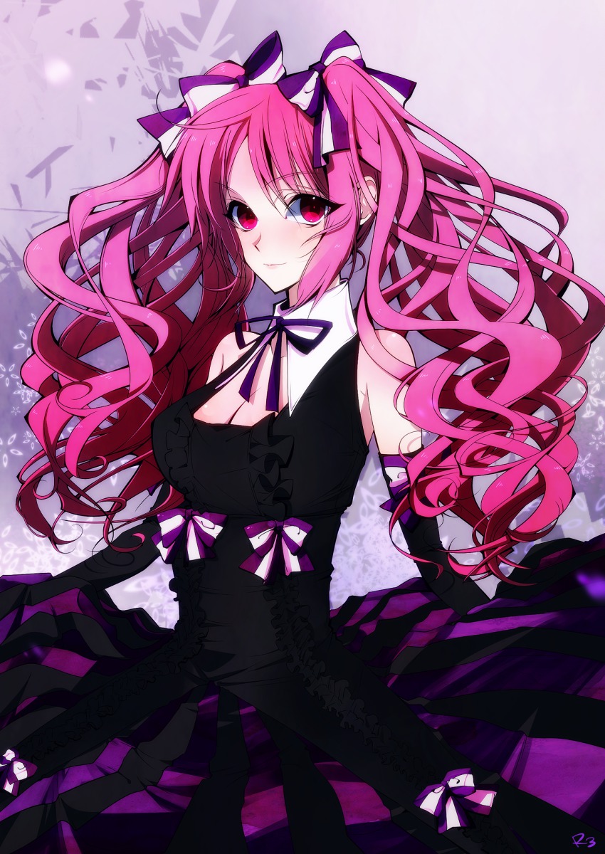 1girl bad_id bad_pixiv_id bow breasts cleavage cougar dress elbow_gloves female_focus gloves gothic_lolita hair_bow highres large_breasts lolita_fashion long_hair pink_hair red_eyes shiki_(novel) shimizu_megumi solo twintails