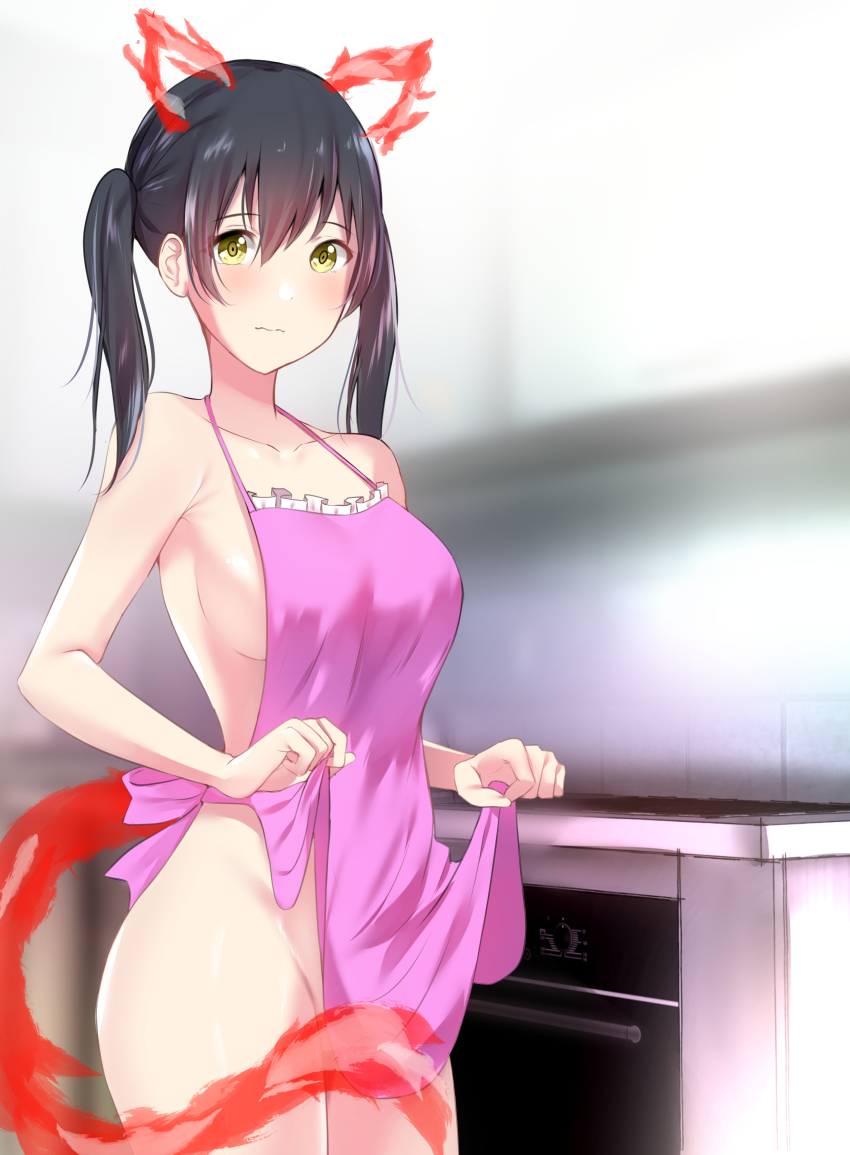 1girl absurdres animal_ears apron apron_lift black_hair blush breasts cat_ears cat_tail cleavage clothes_lift collarbone en&#039;en_no_shouboutai female_focus fire hair_between_eyes highres kitchen large_breasts lifting_own_clothes looking_at_viewer naked_apron okamired pink_apron shiny_skin sideboob solo stove tail tamaki_kotatsu thighs twintails wavy_mouth yellow_eyes