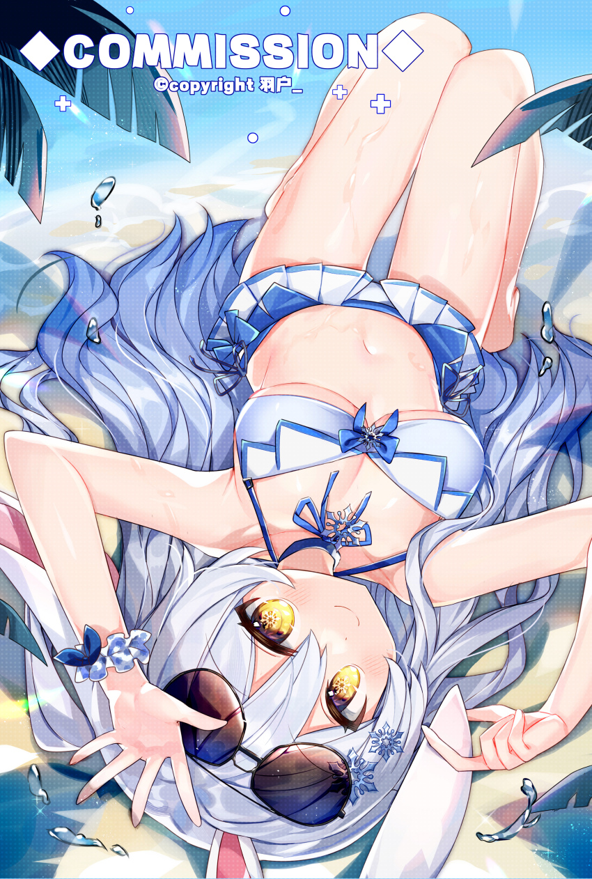 1girl absurdres animal_ears bikini blue_hair breasts brown_eyes cleavage commission eyewear_on_head gradient_hair grey_hair hair_ornament highres knees_up long_hair medium_breasts multicolored_hair navel original rabbit_ears shio_0585 snowflake_hair_ornament snowflake_pupils solo sunglasses swimsuit upside-down white_bikini