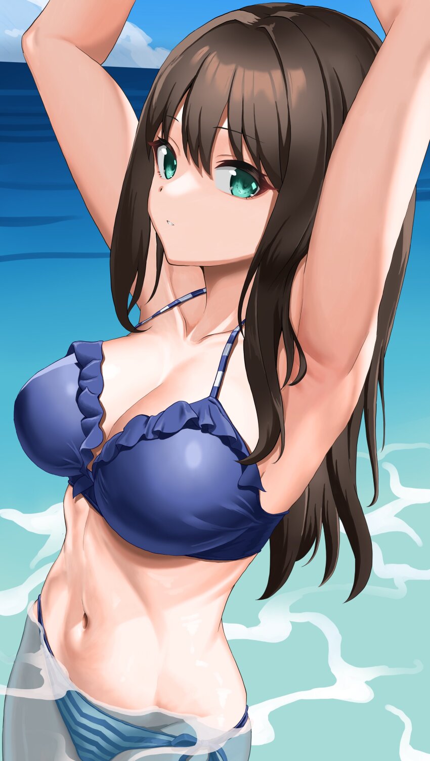 1girl absurdres armpits arms_up bikini blue_bikini blush breasts brown_hair cleavage day fascinate_kyrie frilled_bikini frills green_eyes highres idolmaster idolmaster_cinderella_girls large_breasts long_hair looking_at_viewer navel ocean outdoors partially_submerged shibuya_rin side-tie_bikini_bottom solo striped_bikini striped_clothes swimsuit water wet