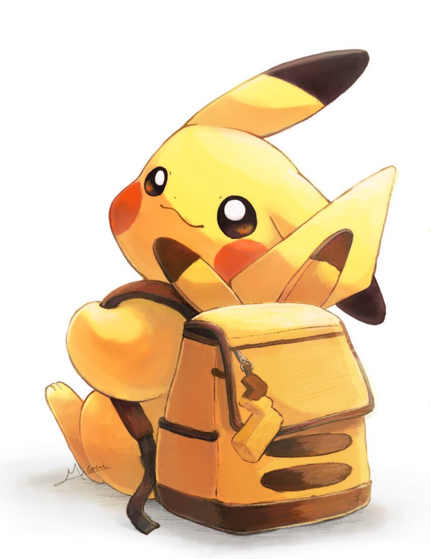 artist_name backpack bag brown_eyes charm_(object) closed_mouth creatures_(company) game_freak gen_1_pokemon highres looking_up misonikomiii nintendo no_humans pikachu pokemon pokemon_(creature) sitting smile solo yellow_bag