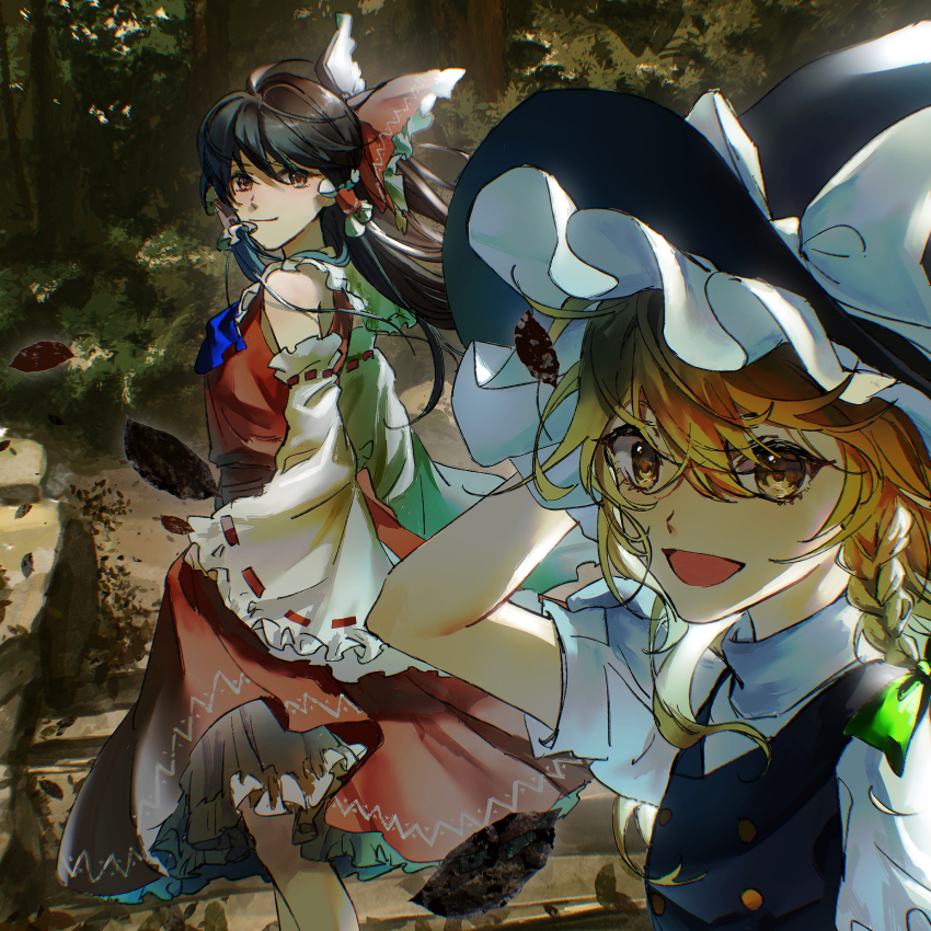 2girls aihara-rina apron ascot black_hat black_vest blonde_hair blue_ascot bow braid brown_eyes brown_hair day detached_sleeves frilled_hat frills green_bow hair_bow hair_tubes hakurei_reimu hat highres kirisame_marisa long_hair looking_at_another looking_at_viewer multiple_girls open_mouth outdoors red_bow red_skirt red_vest shirt short_sleeves single_braid skirt touhou tree vest white_bow white_shirt witch_hat yellow_eyes