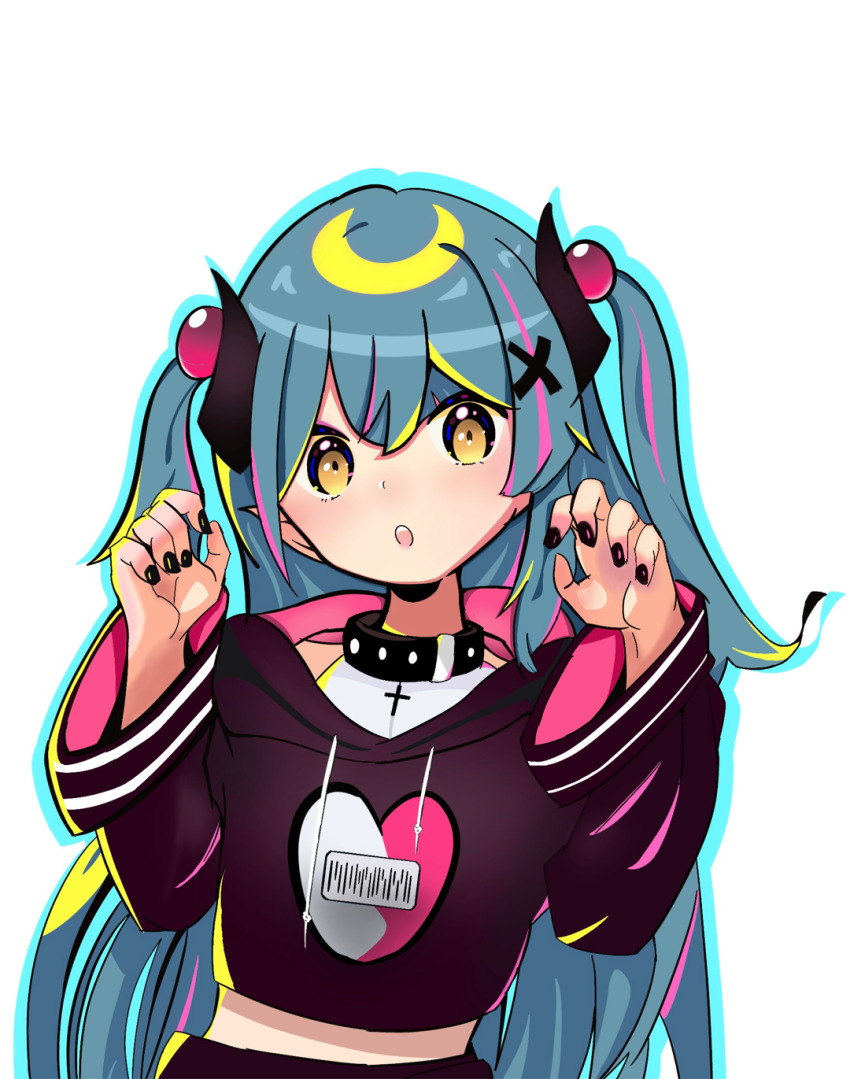 1girl :o black_hoodie black_nails blue_hair breasts chinese_commentary claw_pose demon_girl demon_horns fang_zi_zi_zimao head_tilt highres hood hoodie horns karon_(vtuber) karon_official long_hair looking_at_viewer medium_breasts nail_polish nijisanji open_mouth pointy_ears solo two_side_up upper_body virtual_youtuber virtuareal white_background yellow_eyes