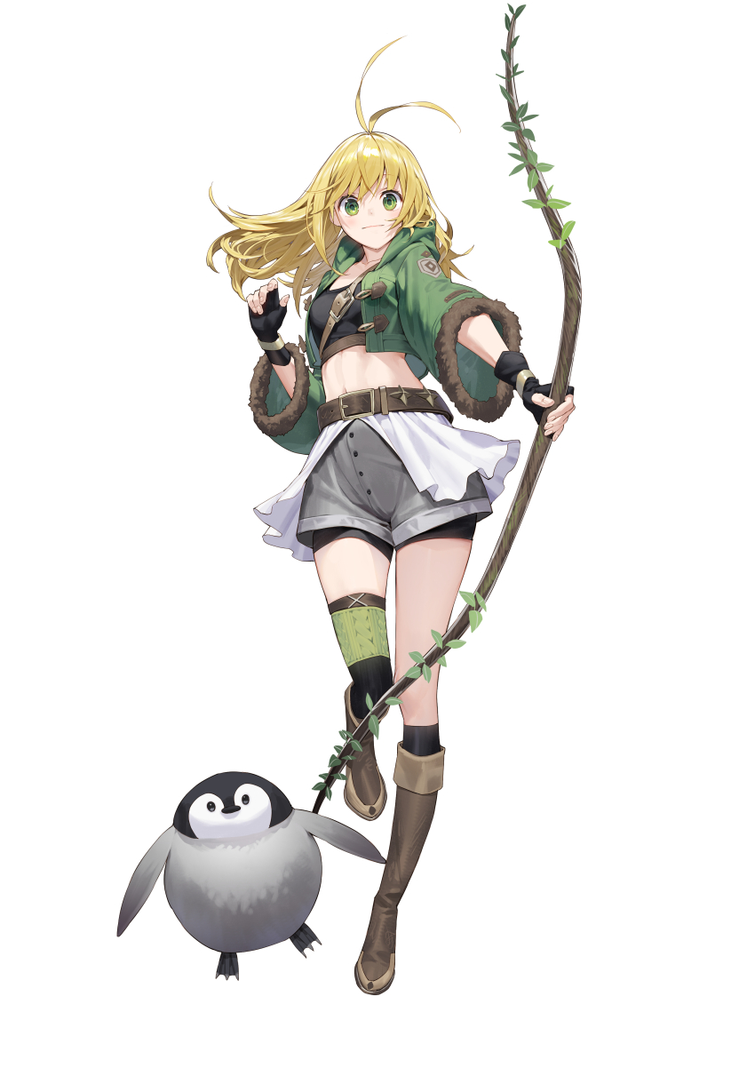 1girl absurdres antenna_hair belt bird black_gloves black_shirt blonde_hair blush boots bow_(weapon) brown_belt brown_boots closed_mouth collarbone commission crop_top fingerless_gloves full_body fur-trimmed_jacket fur_trim gloves green_eyes green_jacket grey_shorts hands_up highres holding holding_weapon jacket kitada_mo long_hair long_sleeves looking_at_viewer navel open_clothes open_jacket original penguin shirt shorts simple_background skeb_commission solo thighs weapon white_background