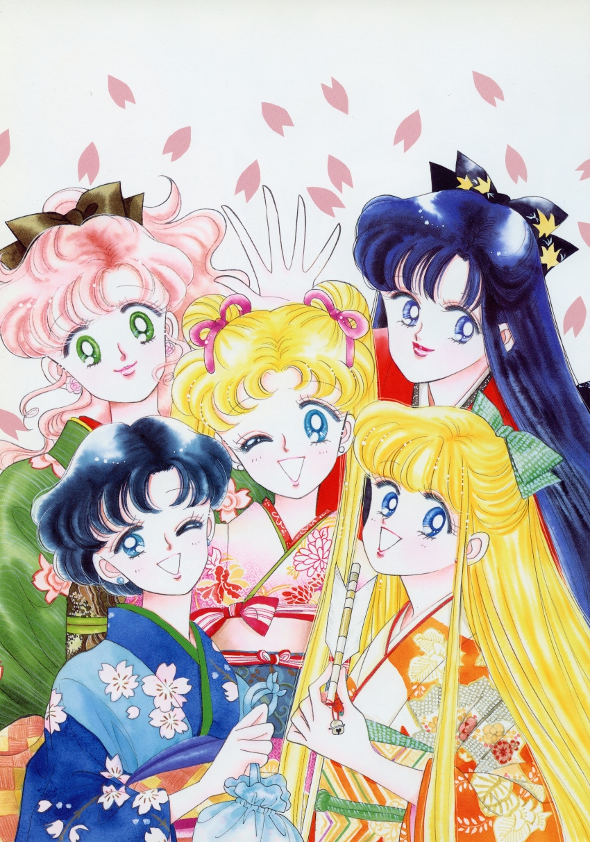 1990s_(style) 5girls ;d absurdres artbook bishoujo_senshi_sailor_moon black_bow black_hair blonde_hair blue_eyes blue_hair blue_kimono bow brown_bow closed_mouth double_bun earrings floral_print floral_print_kimono flower_earrings friends green_bow green_eyes green_kimono group_picture hair_bow hair_bun hair_ribbon highres hino_rei incredibly_absurdres japanese_clothes jewelry kimono kino_makoto light_blush lips long_hair looking_at_viewer mizuno_ami multiple_girls object_request official_alternate_costume official_alternate_hairstyle official_art one_eye_closed open_mouth orange_kimono pale_skin pink_hair pink_lips pink_ribbon print_kimono red_lips retro_artstyle ribbon scan short_hair smile stud_earrings takeuchi_naoko tsukino_usagi