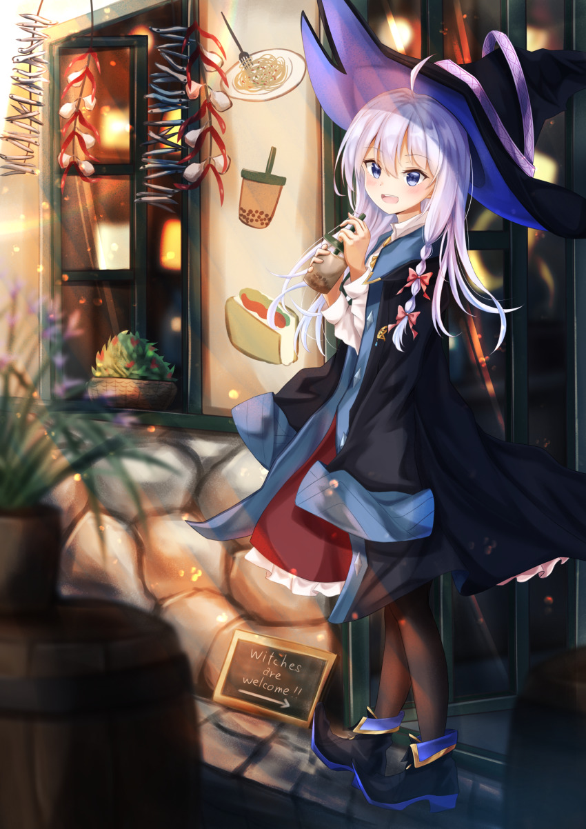 1girl :d ahoge bad_id bad_pixiv_id black_coat black_footwear black_hat black_pantyhose blue_eyes blurry blurry_foreground blush coat day drinking_straw elaina_(majo_no_tabitabi) floating_hair full_body hair_between_eyes hat highres holding long_hair long_sleeves majo_no_tabitabi open_mouth outdoors pantyhose road senri_(senri_sen) shirt silver_hair smile solo standing street very_long_hair white_shirt witch witch_hat