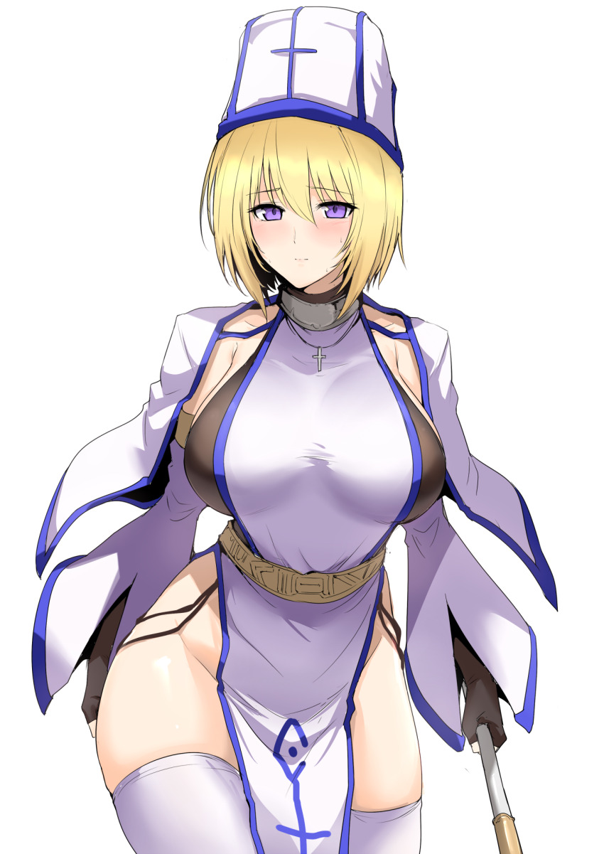 1girl black_gloves blonde_hair breasts choker cleric cless_gretchen gloves halcon hat highres jewelry large_breasts lilitales looking_at_viewer necklace pelvic_curtain purple_eyes short_hair side_slit solo staff thick_thighs thighhighs thighs white_thighhighs