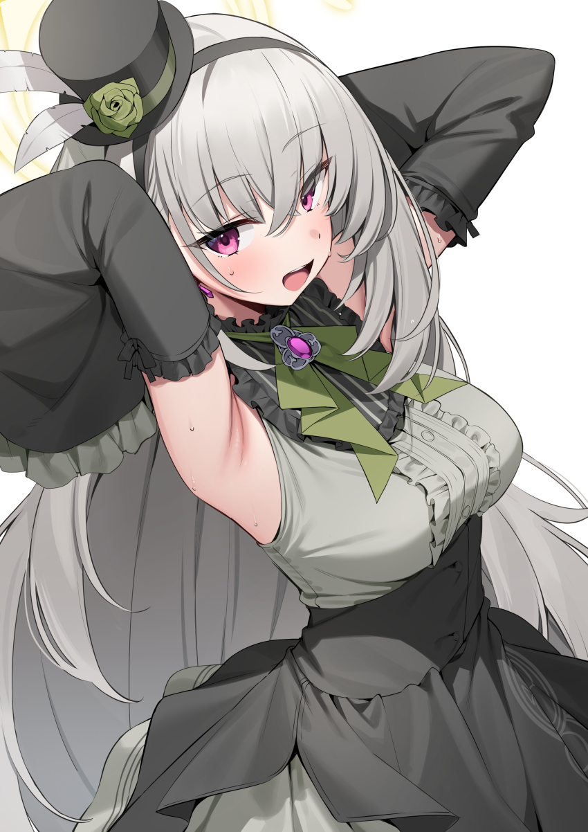 1girl absurdres armpits ascot black_dress black_hair black_sleeves blue_archive blush breasts commentary_request detached_sleeves dress flower flower_hat frilled_sleeves frills green_ascot green_flower green_rose grey_dress grey_hair hair_between_eyes hat hat_feather highres large_breasts long_hair looking_at_viewer mini_hat mini_top_hat official_alternate_costume open_mouth purple_eyes rose sakurako_(blue_archive) sakurako_(idol)_(blue_archive) simple_background smile solo suiroh_(shideoukami) sweat top_hat two-tone_dress white_background