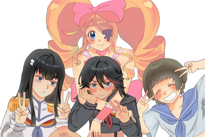 4girls bad_link big_hair black_hair blush bow brown_hair dress drill_hair earrings epaulettes harime_nui heart heart_earrings highres honnoji_academy_uniform huge_bow jewelry kamui_(kill_la_kill) kill_la_kill kiryuuin_satsuki li_hh living_clothes mankanshoku_mako matoi_ryuuko multicolored_hair multiple_girls pink_bow raised_eyebrows red_hair revealing_clothes senketsu short_hair siblings sisters strapless strapless_dress streaked_hair suspenders tareme thick_eyebrows tsurime twin_drills two-tone_hair v white_background