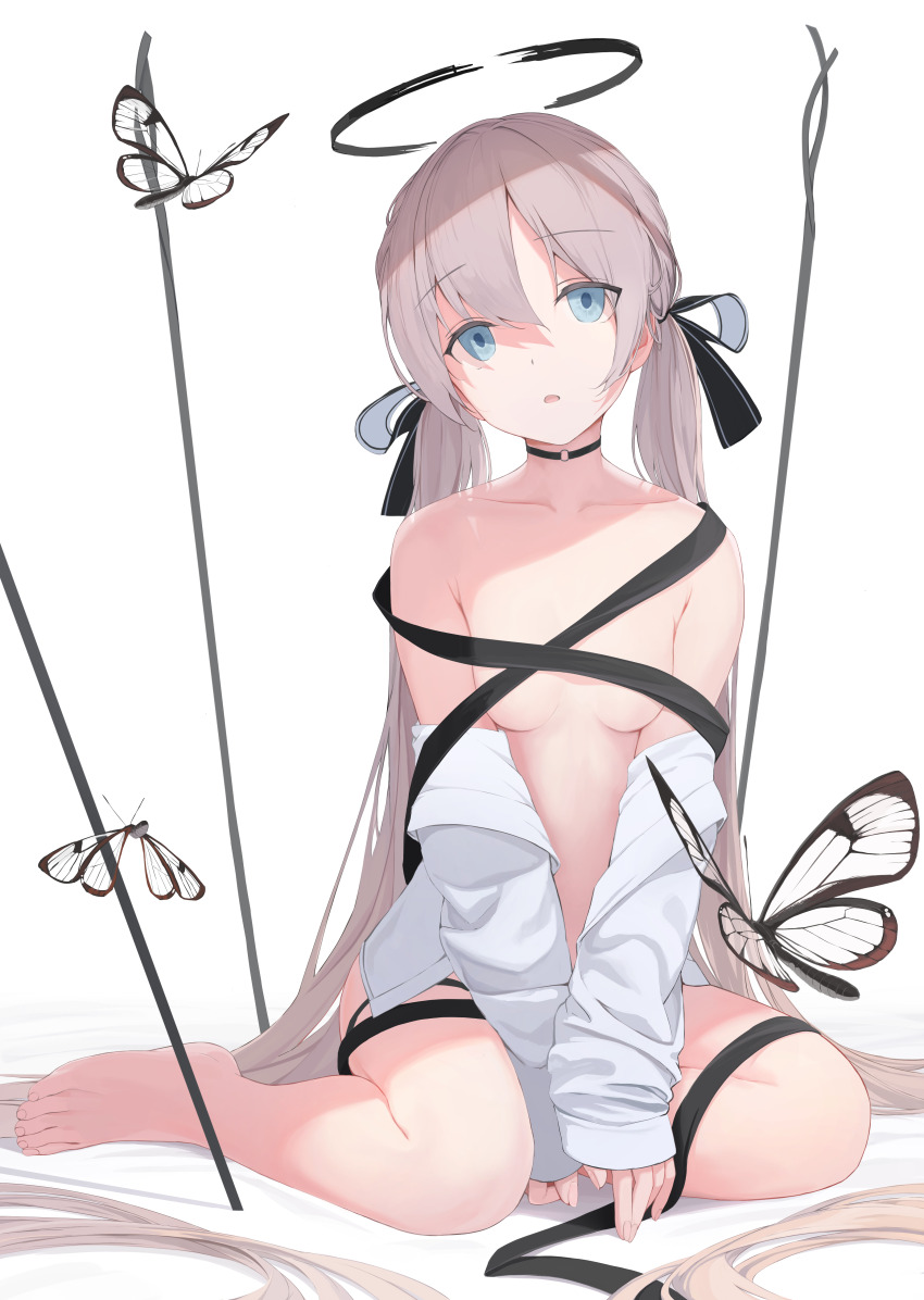 1girl absurdres bare_legs bare_shoulders barefoot black_bow black_choker black_ribbon blue_eyes bow breasts bug butterfly choker collarbone convenient_censoring empty_eyes hair_bow halo highres insect jacket long_hair long_sleeves looking_at_viewer mikisai original ribbon sitting small_breasts solo toes twintails wariza white_background white_jacket