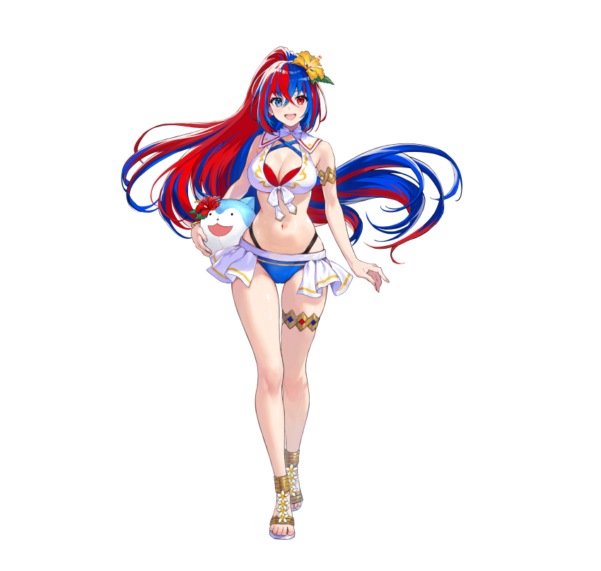 1girl :d absurdres alear_(female)_(fire_emblem) alear_(female)_(seaside_dragon)_(fire_emblem) alear_(fire_emblem) armband bikini blue_bikini blue_eyes blue_hair breasts criss-cross_halter crossed_bangs fire_emblem fire_emblem_engage fire_emblem_heroes full_body halterneck heterochromia high_heels highres ichikawa_haru long_hair looking_at_viewer multicolored_bikini multicolored_clothes multicolored_hair navel nintendo official_alternate_costume official_alternate_hairstyle official_art open_mouth ponytail red_bikini red_eyes red_hair sandals simple_background smile split-color_hair standing swimsuit tachi-e two-tone_hair very_long_hair