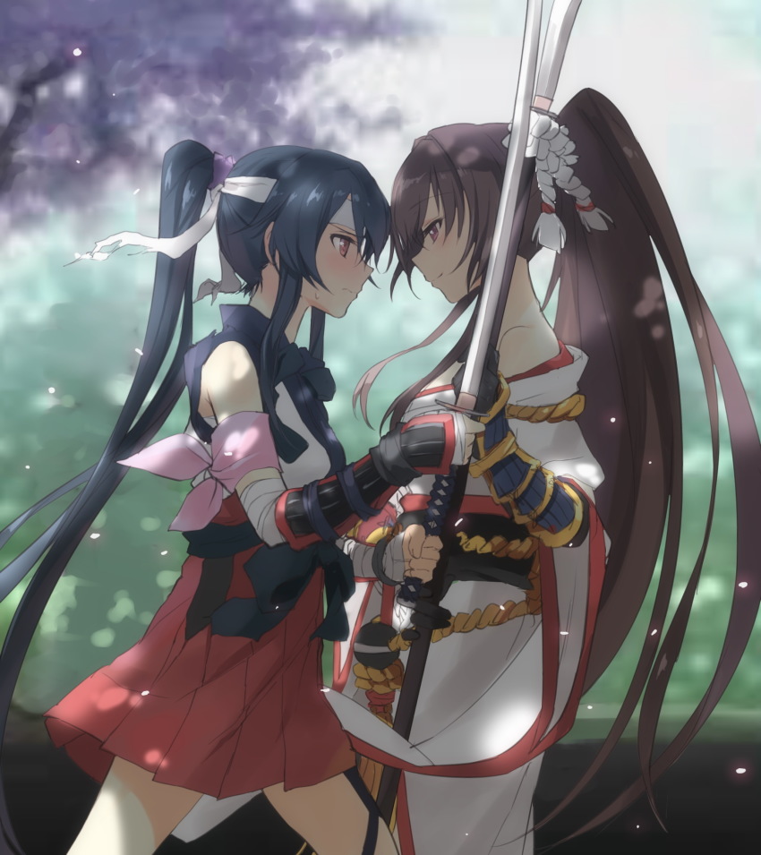 10s 2girls alternate_costume arm_ribbon arm_wrap armor bare_shoulders black_hair blush brown_hair cherry_blossoms eye_contact headband highres japanese_armor kantai_collection kisetsu long_hair looking_at_another multiple_girls naginata outdoors polearm profile ribbon skirt smile sweatdrop sword tree very_long_hair weapon yahagi_(kancolle) yamato_(kancolle)