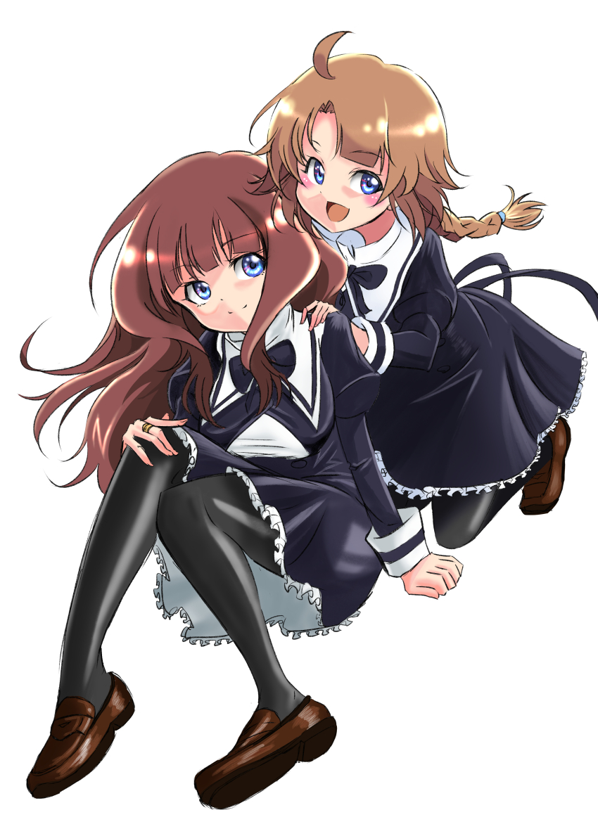 2girls :d absurdres ahoge arm_at_side assault_lily behind_another black_bow black_bowtie black_pantyhose black_skirt blunt_bangs blush bow bowtie braid braided_ponytail brown_footwear brown_hair closed_mouth commentary_request cropped_jacket frilled_skirt frills full_body futagawa_fumi hand_on_another&#039;s_shoulder hand_on_own_knee hand_up high-waist_skirt highres jewelry juliet_sleeves kaede_johan_nouvel kneeling knees_together_feet_apart loafers long_hair long_sleeves looking_at_viewer low_ponytail multiple_girls open_mouth pantyhose puffy_sleeves ring school_uniform shirt shoes simple_background single_braid sitting skirt smile touka_(touka_lv4) wavy_hair white_background white_shirt yurigaoka_girls_academy_school_uniform