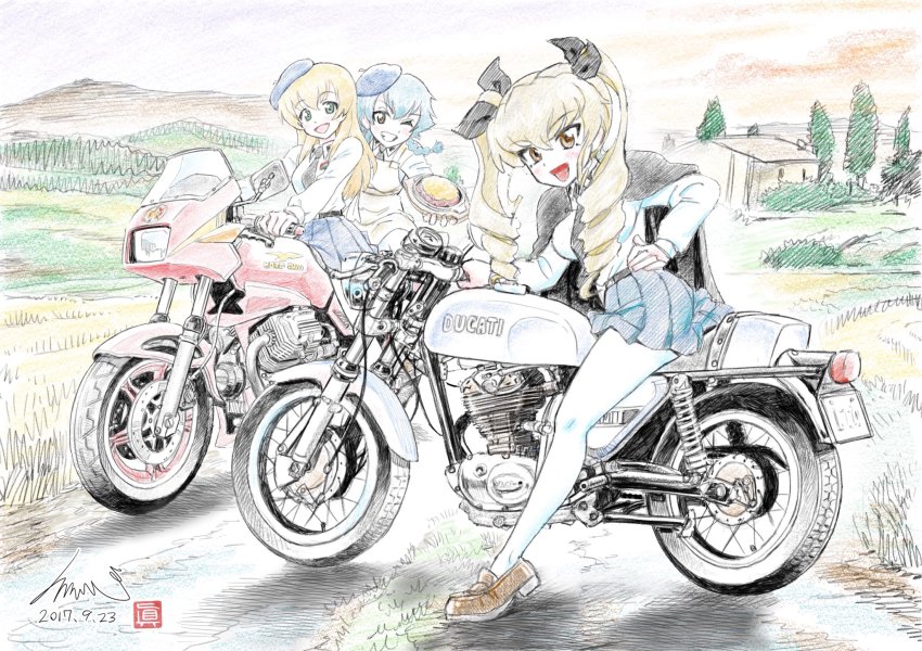 10s 3girls :d anchovy_(girls_und_panzer) anzio_school_uniform apron artist_name belt beret black_belt black_cape black_hair black_hat black_neckwear black_skirt blonde_hair braid brown_eyes brown_footwear building cape carpaccio_(girls_und_panzer) colored_pencil_(medium) commentary_request dated day dress_shirt drill_hair ducati emblem field food from_side girls_und_panzer green_eyes green_hair grin hand_on_own_hip hat highres holding holding_food kubota_shinji leaning_forward loafers logo long_hair long_sleeves looking_at_viewer miniskirt motor_vehicle motorcycle multiple_girls necktie on_motorcycle one_eye_closed open_mouth outdoors pantyhose pepperoni_(girls_und_panzer) pleated_skirt red_eyes riding school_uniform shirt shoes short_hair side_braid signature sitting skirt sky smile traditional_media tree twin_drills twintails vehicle_request watermark white_apron white_legwear white_shirt