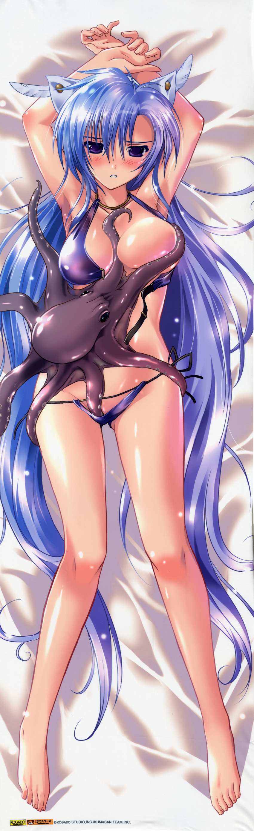 1girl absurdres akatsuki_no_amaneka_to_aoi_kyojin armpits arms_up barefoot between_breasts bikini blue_hair breast_slip breasts cal_ruslan dakimakura_(medium) feet female_focus full_body highres huge_filesize komatsu_eiji large_breasts long_image molestation octopus one_breast_out purple_bikini purple_eyes scan shirogane_no_cal_to_soukuu_no_joou solo swimsuit tall_image tentacles tentacles_under_clothes