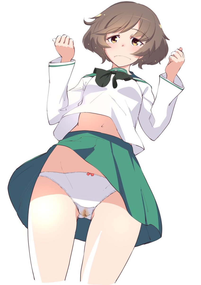 10s 1girl akiyama_yukari brown_eyes brown_hair cameltoe girls_und_panzer green_skirt highres messy_hair ooarai_school_uniform panties pantyshot school_uniform serafuku short_hair skirt solo stained_panties touge_hiro underwear white_panties