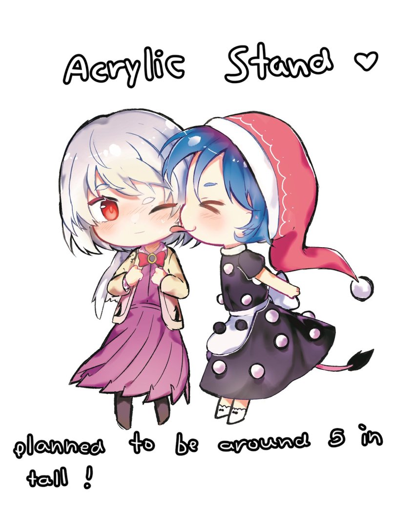 2girls :3 blue_hair chibi commeowdore doremy_sweet dress hat highres jacket kishin_sagume multiple_girls nightcap open_clothes pom_pom_(clothes) purple_dress short_hair single_wing tail tapir_tail touhou wings yuri