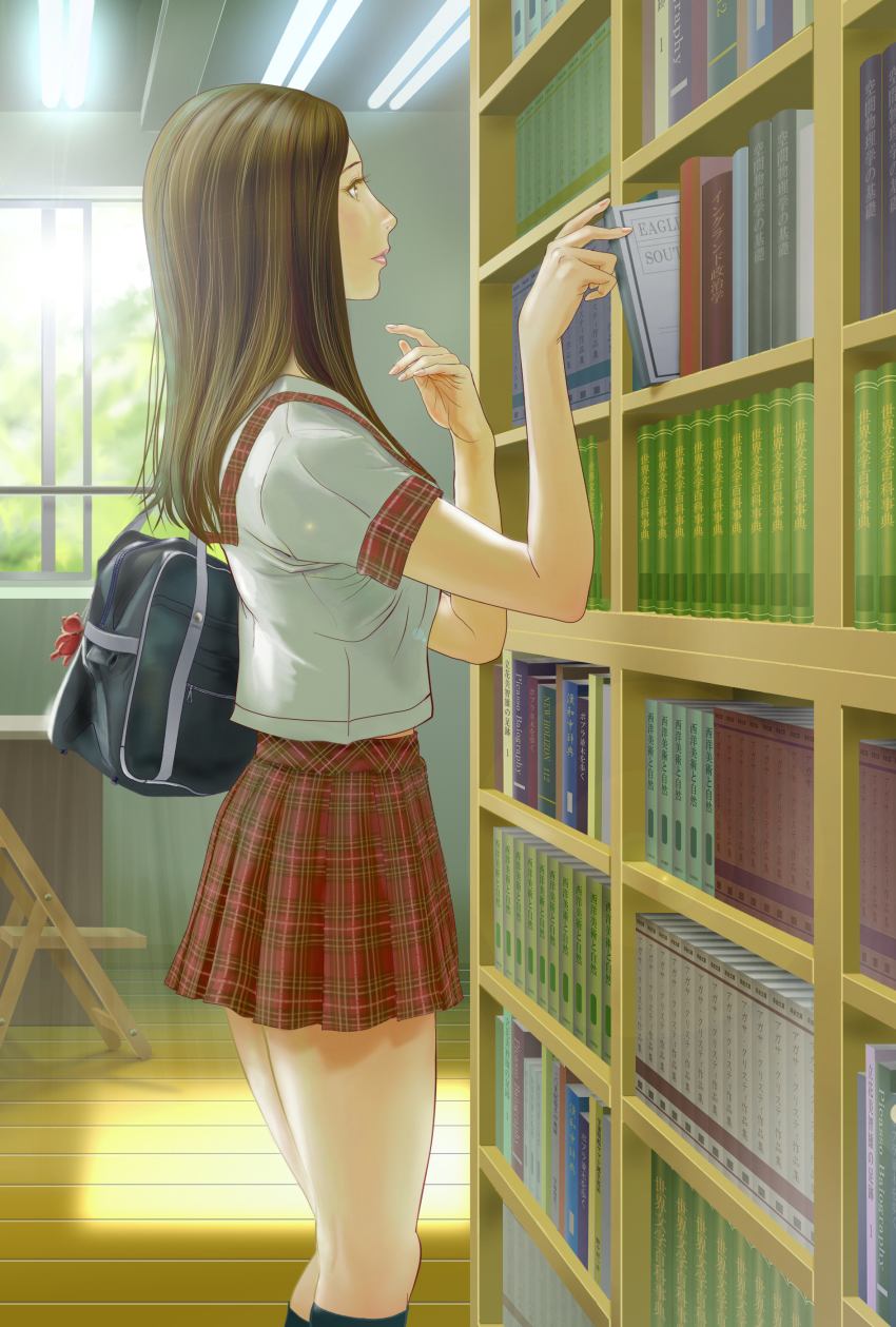 1girl absurdres bag book bookshelf brown_hair chair female_focus from_side highres kneehighs light lipstick mai_(b9035796) makeup original pink_lips plaid_clothes plaid_skirt school_uniform serafuku skirt socks solo