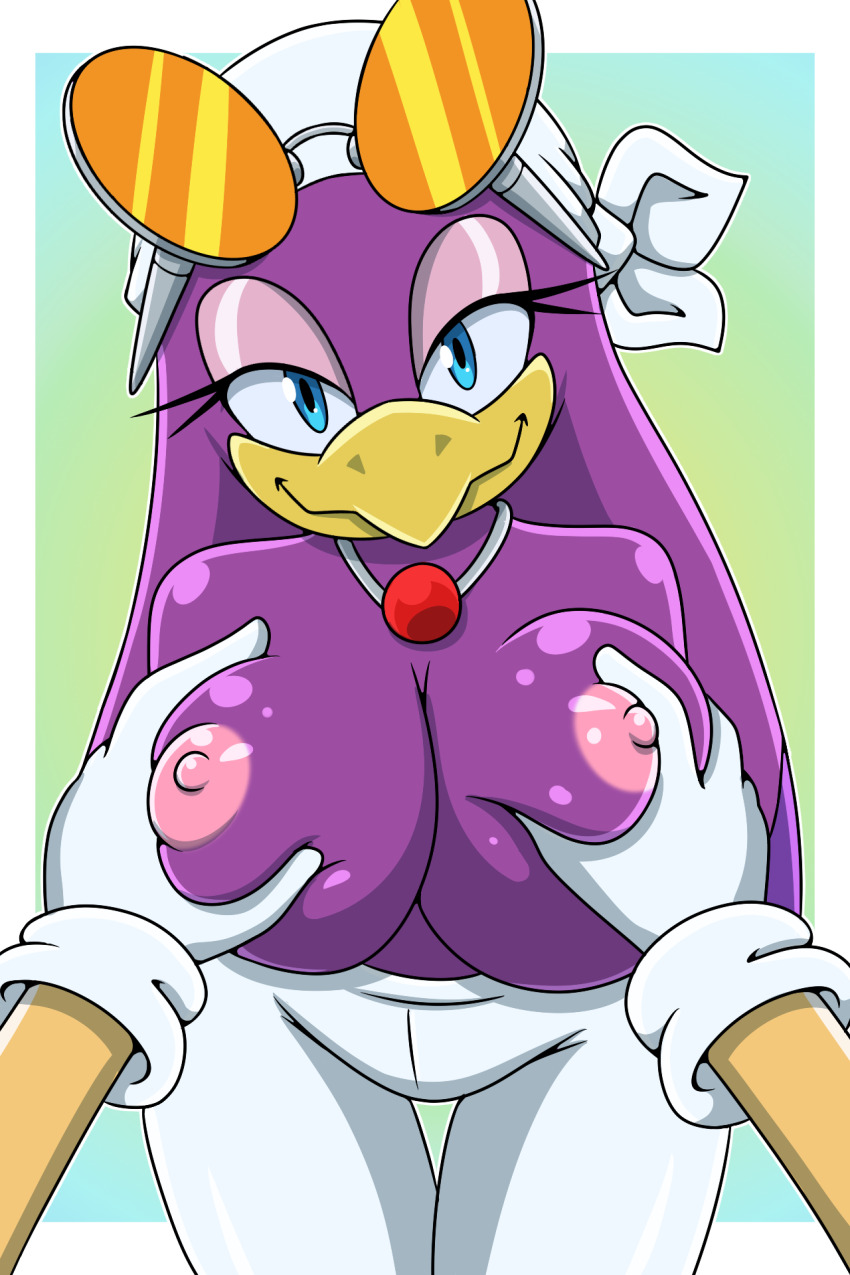 1girl beak bird blue_eyes breasts furry furry_female grabbing_another&#039;s_breast groping highres large_breasts pinup_(style) pov sega smile solo solo_focus sonic_(series) sonic_riders_(series) wave_the_swallow