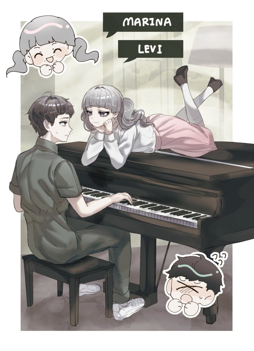 1boy 1girl black_hair blush english_text fear_&amp;_hunger fear_&amp;_hunger_2:_termina grey_hair highres instrument jumpsuit levi_(fear_&amp;_hunger) lilio looking_at_another lying marina_(fear_&amp;_hunger) mole mole_under_mouth mouth_piercing on_stomach piano pink_skirt ponytail shirt short_hair sitting skirt sweat white_shirt