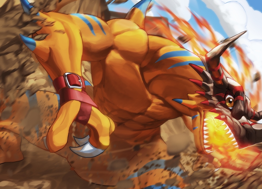 absurdres breath_weapon breathing_fire claws cliff commission digimon digimon_(creature) digimon_savers dinosaur dirt fire geogreymon highres monster monster_focus motion_blur no_humans orange_eyes outdoors pixiv_commission quwrofsk8