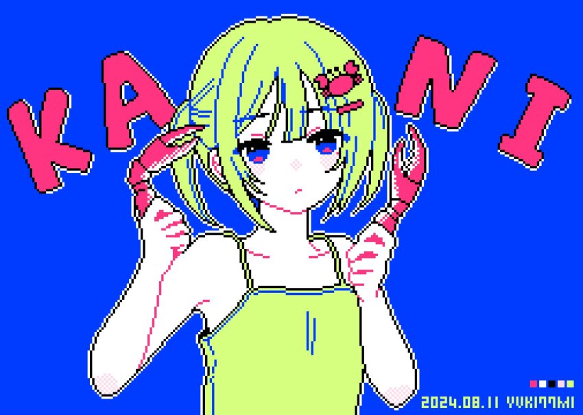 1girl bare_arms bare_shoulders blue_background blue_eyes blue_hair camisole closed_mouth color_guide crab_hair_ornament dated eyes_visible_through_hair green_camisole green_hair hair_ornament hands_up holding looking_at_viewer multicolored_hair nanami_yuki_(yuki77mi) original pixel_art short_hair simple_background solo spaghetti_strap streaked_hair upper_body