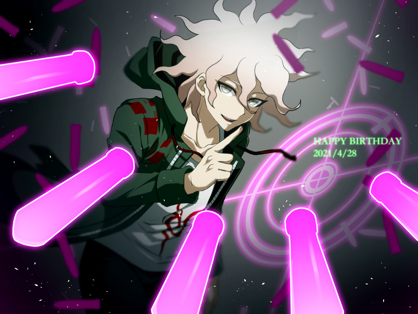 1boy bullet coat cowboy_shot danganronpa_(series) danganronpa_2:_goodbye_despair dated green_coat grey_hair hair_between_eyes happy_birthday highres holding hood hood_down hooded_coat hoodie index_finger_raised jacket komaeda_nagito kurimilove long_sleeves looking_at_viewer male_focus open_clothes open_coat open_mouth pants print_shirt shirt smile solo white_hair white_shirt