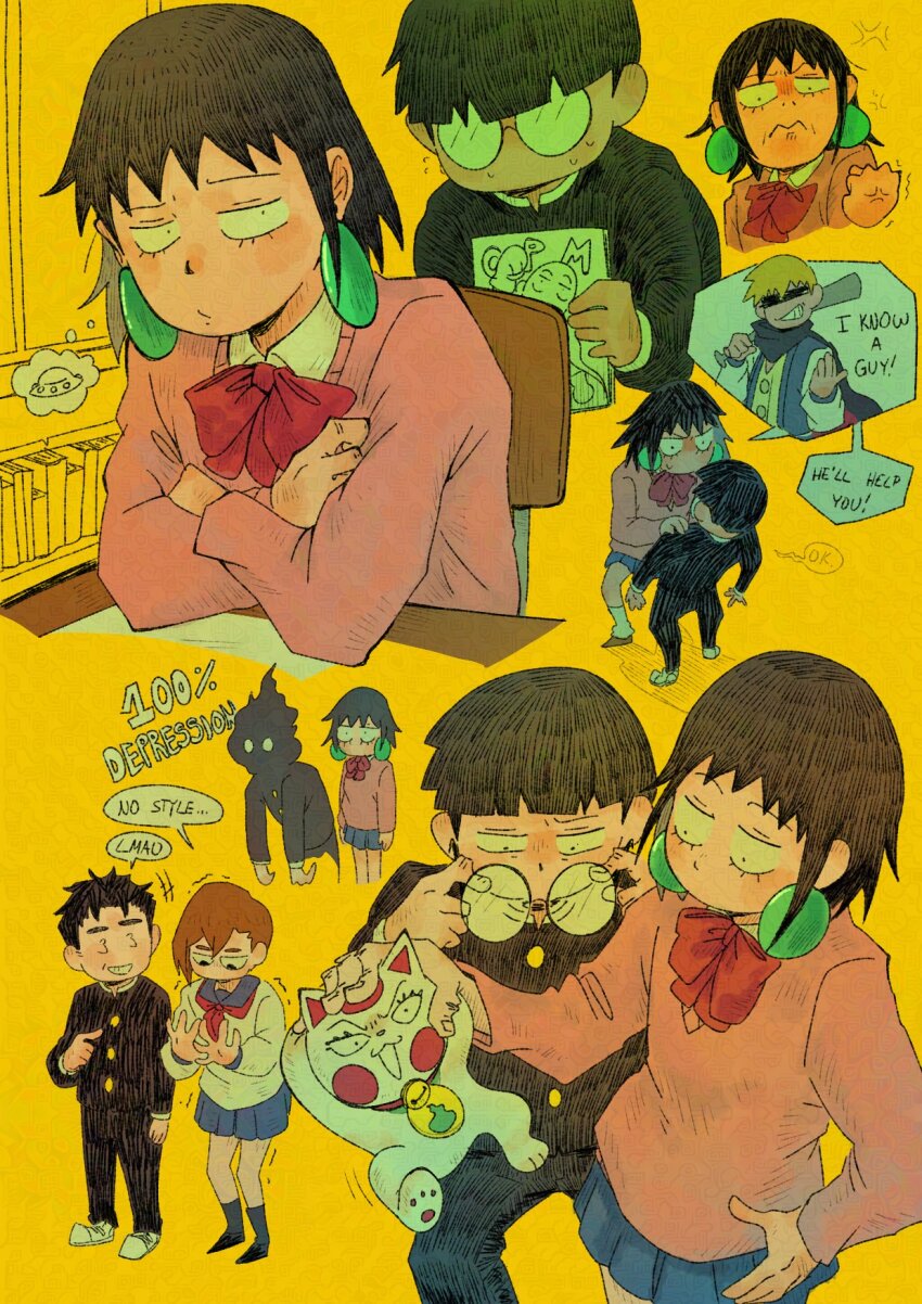 2girls 3boys ayase_momo bowl_cut cat crossover cutystuffy dandadan earrings english_text gakuran glasses highres jewelry kageyama_shigeo kurata_tome mob_psycho_100 multiple_boys multiple_girls pink_sweater reigen_arataka round_eyewear school_uniform sweater takakura_ken_(dandadan) turbo_granny