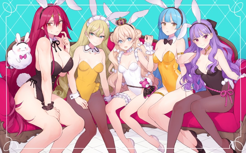 5girls animal_ears black_hairband black_legwear black_leotard blonde_hair blue_eyes blue_hair blunt_bangs bow bowtie breasts brown_eyes character_request cleavage commentary_request couch crown detached_collar double_bun eiyuu_senki_ww fake_animal_ears feet_out_of_frame hair_bun hairband highres large_breasts leotard long_hair looking_at_viewer maid_headdress medium_breasts multiple_girls pantyhose playboy_bunny purple_eyes purple_hair rabbit_ears rabbit_tail red_eyes red_hair sitting small_breasts strapless strapless_leotard stuffed_animal stuffed_toy tail teddy_bear white_leotard wrist_cuffs yellow_leotard ygcn