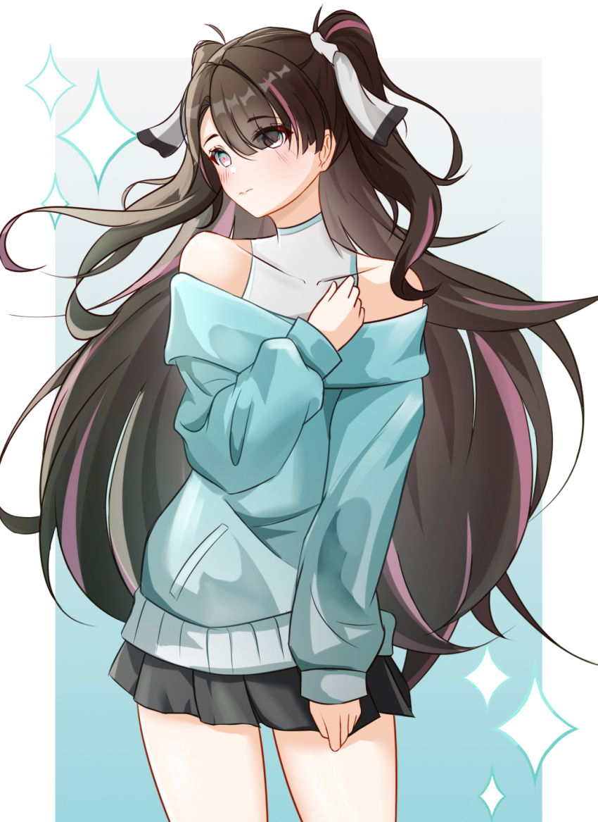 1girl aqua_sweater bare_shoulders black_hair black_skirt bu_weizhuang chinese_commentary commentary_request cowboy_shot grey_eyes highres long_hair miniskirt multicolored_hair off-shoulder_sweater off_shoulder purple_hair shirt shirt_under_sweater skirt sleeveless sleeveless_shirt solo standing streaked_hair sweater thighs two_side_up very_long_hair white_shirt wuthering_waves zhezhi_(wuthering_waves)