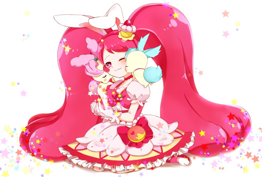 10s 1girl aihira_(aihira12) animal_ears rabbit_ears choker closed_mouth creature cure_whip dress full_body gloves hairband highres kirakira_precure_a_la_mode kirarin_(precure) kneeling long_hair magical_girl one_eye_closed pikario_(precure) pink_eyes pink_footwear pink_hair pink_hairband pink_neckwear precure shoes simple_background smile star_(symbol) twintails usami_ichika white_background white_dress white_gloves