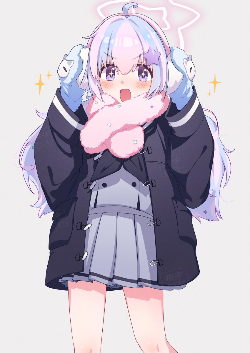 +_+ 1girl :d absurdres ahoge black_jacket black_neckerchief black_sailor_collar blue_archive blue_hair blue_mittens blush commentary_request cowboy_shot earmuffs grey_background grey_serafuku grey_shirt grey_skirt hair_ornament halo hands_up highres jacket long_hair long_sleeves looking_at_viewer low_twintails mittens multicolored_hair neckerchief open_clothes open_jacket open_mouth pink_hair pink_scarf pleated_skirt purple_eyes reisa_(blue_archive) sailor_collar scarf school_uniform serafuku shirt skirt smile solo star_(symbol) star_hair_ornament twintails two-tone_hair v-shaped_eyebrows watermark white_halo yoku_soy