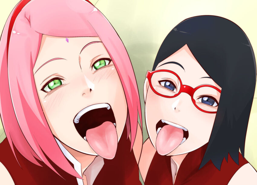 2girls age_difference ahegao black_hair blue_eyes boruto:_naruto_next_generations close-up face_focus facial_mark female_focus forehead_jewel glasses green_eyes haruno_sakura licking mother_and_daughter multiple_girls naruto_(series) open_mouth pink_hair red-framed_eyewear short_hair smile source_request sunahara_wataru tongue tongue_out uchiha_sarada