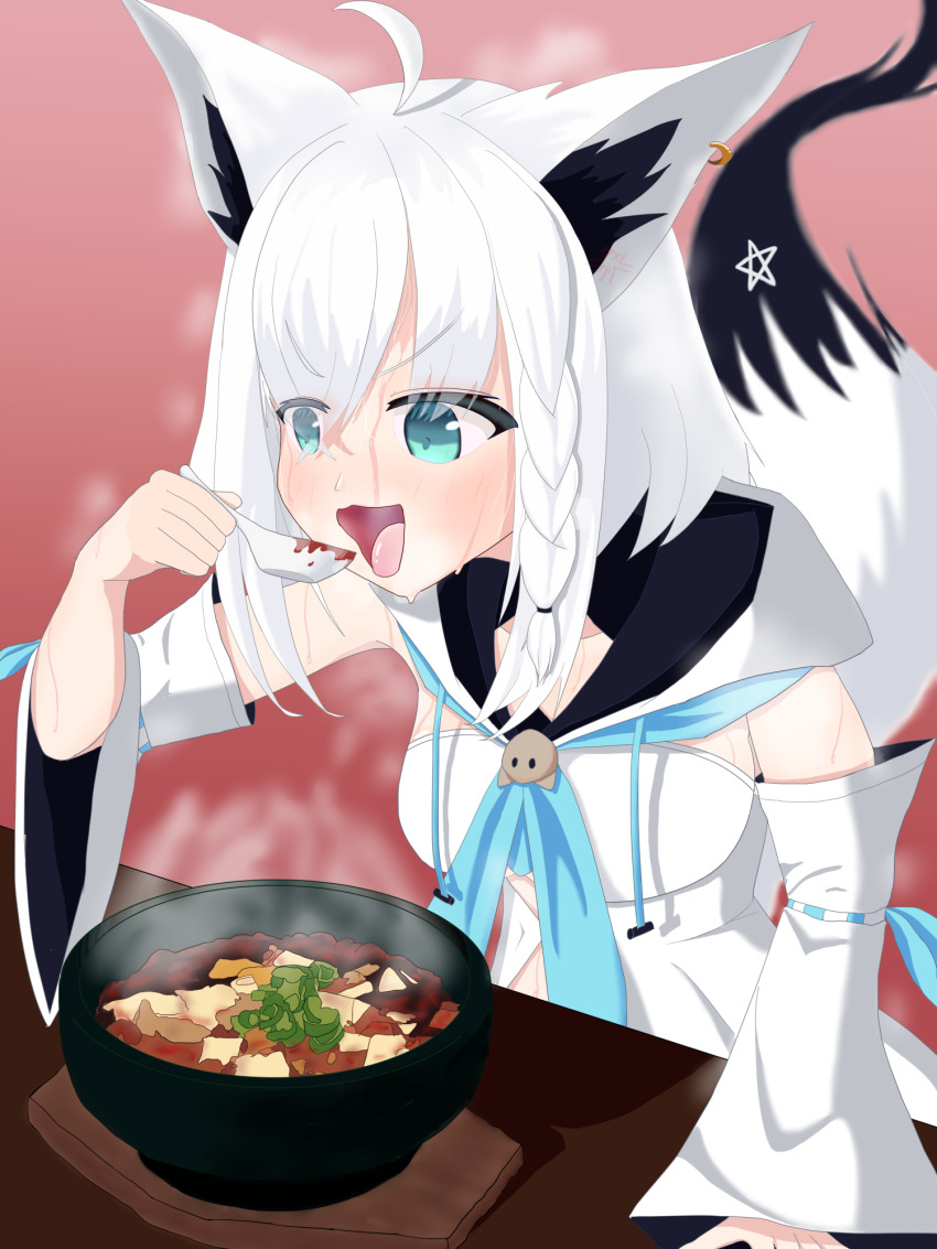 1girl ahoge animal_ear_fluff animal_ears aqua_eyes braid commentary_request eating food fox_ears fox_girl fox_tail front_slit hair_between_eyes highres hololive hood hoodie ikarikaku noodles open_mouth pentagram pink_background ramen shirakami_fubuki shirakami_fubuki_(1st_costume) side_braid sidelocks simple_background single_braid solo steam steaming_food sweat table tail virtual_youtuber white_hair white_hoodie