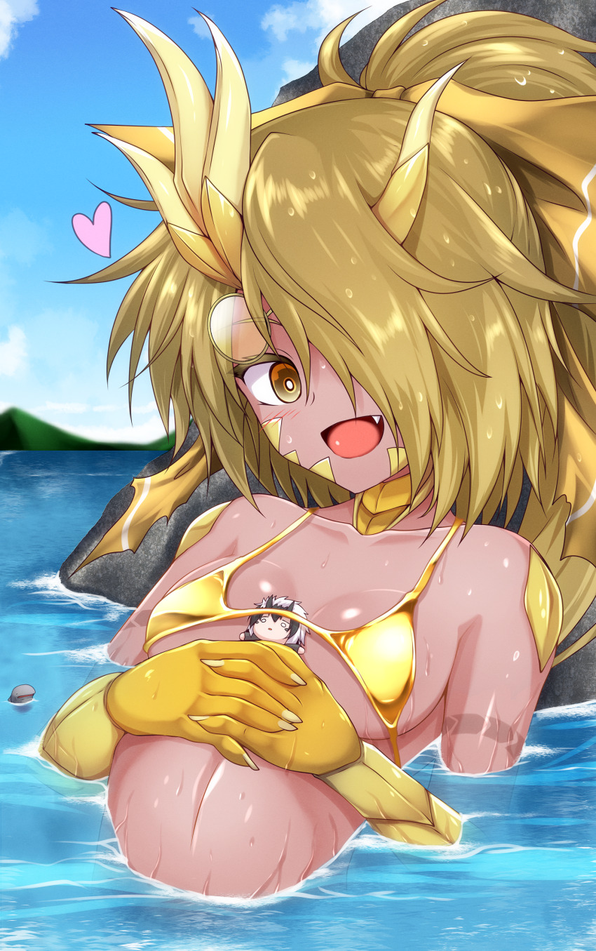 1boy 1girl absurdres arm_tattoo between_breasts bikini blonde_hair breasts cleavage colored_eyelashes dark-skinned_female dark_skin dragon_boy dragon_claw dragon_girl dragon_horns dragon_tail fang g_(genesis1556) giant giantess glasses gold_bikini golden_week hair_over_one_eye highres horns long_hair looking_at_viewer medium_breasts mini_person monster_girl multicolored_hair navel open_mouth original partially_submerged ponytail rio_(g_(genesis1556)) round_eyewear scales shiny_swimsuit smile swimsuit tail tattoo two-tone_hair white_hair yellow_eyes