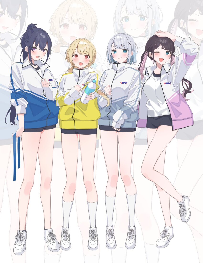 4girls ankle_socks arm_above_head black_hair black_shorts black_socks blonde_hair blue_eyes brown_hair full_body grey_hair hair_between_eyes hair_ornament high_collar highres hikari_yui ichinose_uruha jacket kaga_nazuna kaga_sumire kneehighs kogara_toto light_blush looking_at_viewer low_ponytail lupinus_virtual_games micro_shorts mole mole_under_eye multicolored_hair multiple_girls one_eye_closed open_clothes open_jacket open_mouth parted_bangs partially_unzipped pink_hair plastic_bottle ponytail purple_eyes red_eyes ribbon shirt shoes shorts sidelocks sleeves_past_wrists smile sneakers socks swept_bangs track_jacket twintails two-tone_hair virtual_youtuber vspo! white_footwear white_shirt white_socks x_hair_ornament zoom_layer