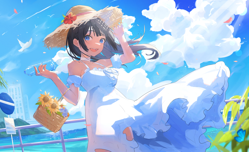 1girl :d absurdres animal arm_up bare_shoulders basket black_hair blue_eyes blue_flower blue_sky bottle breasts brown_hat bug butterfly cloud commentary_request day detached_sleeves dress floating_hair flower gurina hand_on_headwear hand_up hat hat_flower highres holding holding_bottle insect long_hair looking_at_viewer medium_breasts open_mouth original outdoors petals puffy_short_sleeves puffy_sleeves railing red_flower road_sign short_sleeves sign sky sleeveless sleeveless_dress smile solo straw_hat water water_bottle white_dress white_sleeves yellow_flower