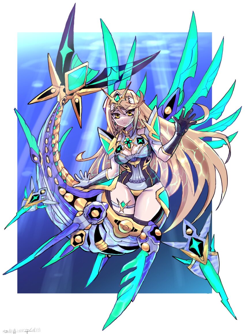 1girl blonde_hair border breasts chest_jewel cleavage cleavage_cutout clothing_cutout core_crystal_(xenoblade) energy_wings full_body highres large_breasts long_hair mermaid monster_girl mythra_(xenoblade) oomasa_teikoku panties solo tiara underwater underwear white_border xenoblade_chronicles_(series) xenoblade_chronicles_2 yellow_eyes yellow_panties