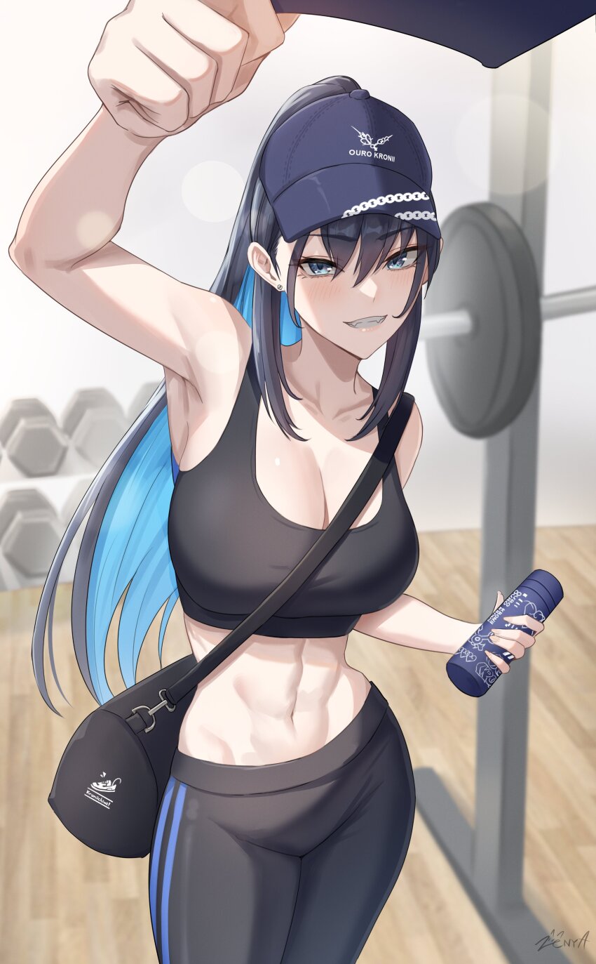 1girl abs absurdres bag baseball_cap black_hair black_pants black_sports_bra blue_eyes blue_hair bottle breasts duffel_bag gym hat highres holding holding_bottle hololive hololive_english long_hair looking_at_viewer midriff multicolored_hair ouro_kronii pants sports_bra two-tone_hair virtual_youtuber water_bottle yoga_pants zenya