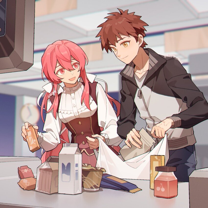 1girl bag black_jacket bread cupboard emiya_shirou fate/stay_night fate_(series) food grocery_bag highres jacket kitchen long_hair milk milk_carton momomiya_shizuku orange_hair original paper_bag pink_eyes pink_hair plastic_bag red_hair shopping shopping_bag skirt smile white_jacket