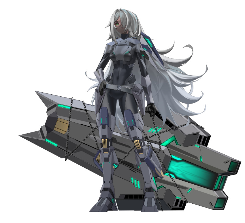 1girl abs absurdres alternate_costume armor armored_bodysuit armored_boots belt bodystocking boots breasts cannon chain commission commissioner_upload covered_abs dark-skinned_female dark_skin energy_gun full_body gauntlets gloves green_eyes grey_hair highres hip_armor huge_weapon long_hair long_sleeves mechanical_legs medium_breasts multicolored_hair multiple_belts non-web_source original rhan shoulder_armor streaked_hair thighs transparent_background volantes weapon white_hair