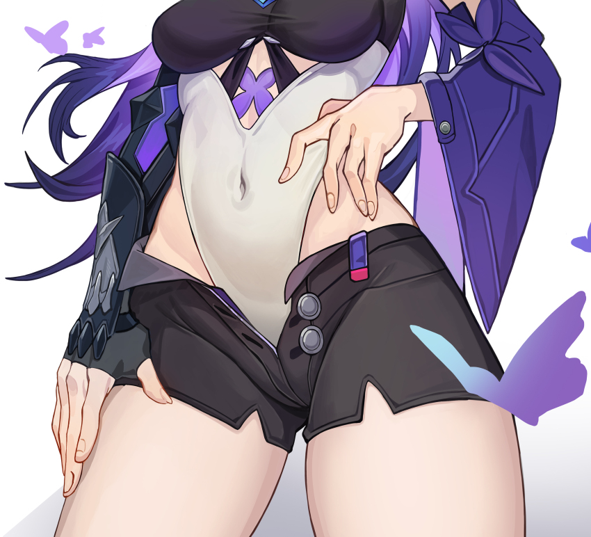 1girl absurdres ashe_(pixiv_26063612) black_shorts breasts close-up covered_navel detached_sleeves hand_on_own_hip hand_on_own_stomach head_out_of_frame highres honkai:_star_rail honkai_(series) leotard long_hair medium_breasts purple_hair seele_(honkai:_star_rail) shorts simple_background solo unzipped wedgie white_background white_leotard